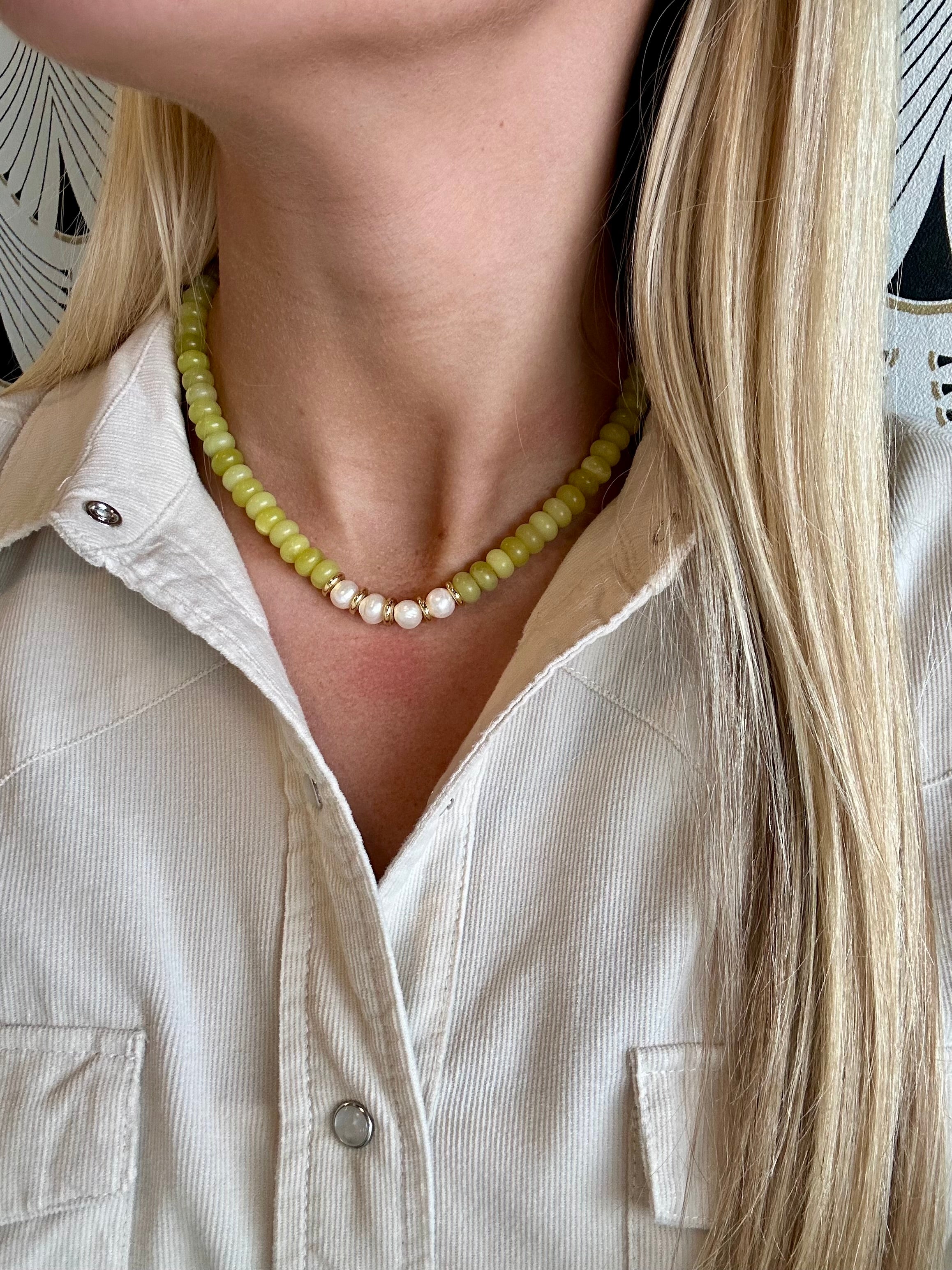 Cream Beaded Necklace-Lime