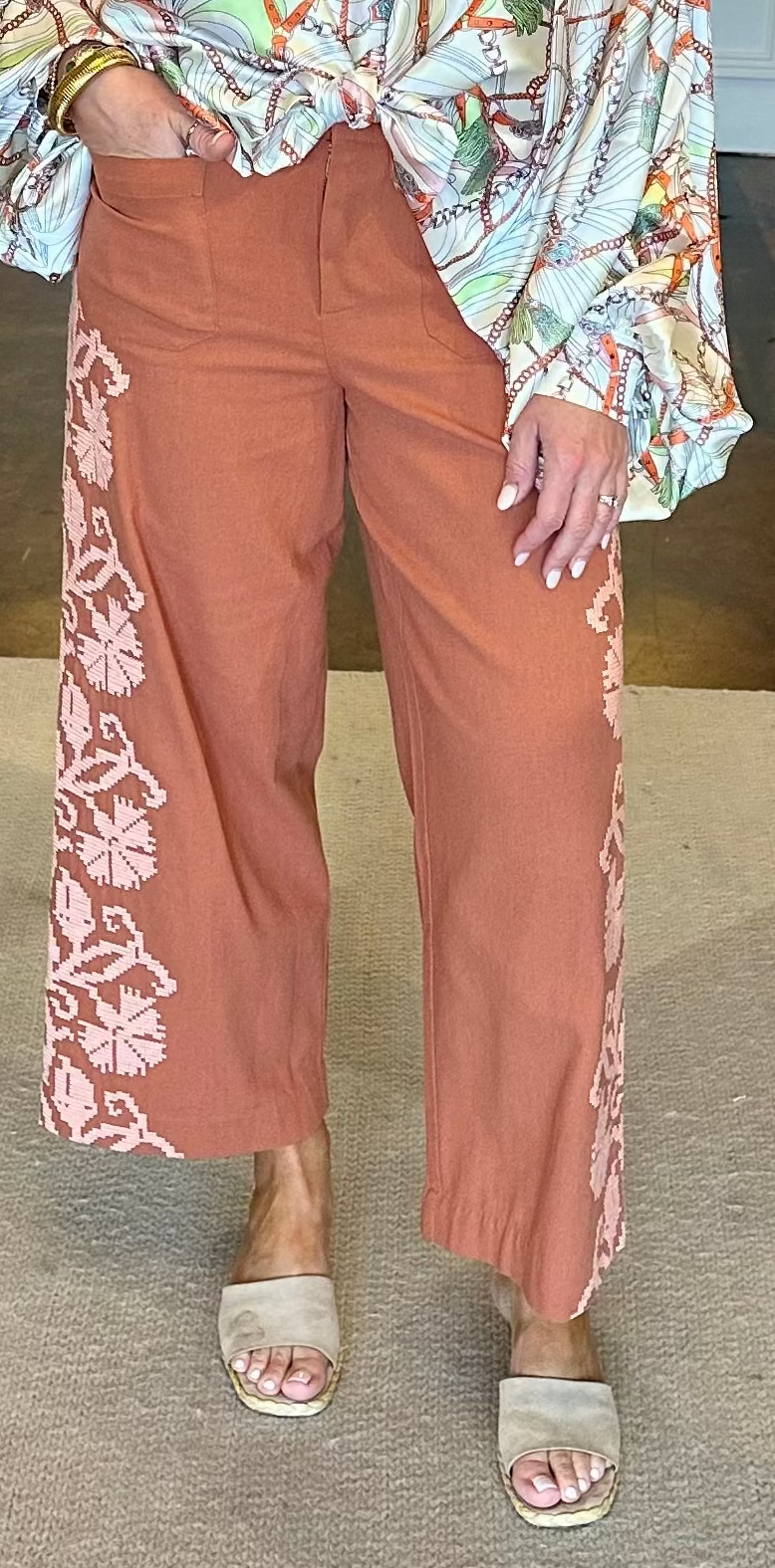 Flower Power Embroidered Pant-Rust