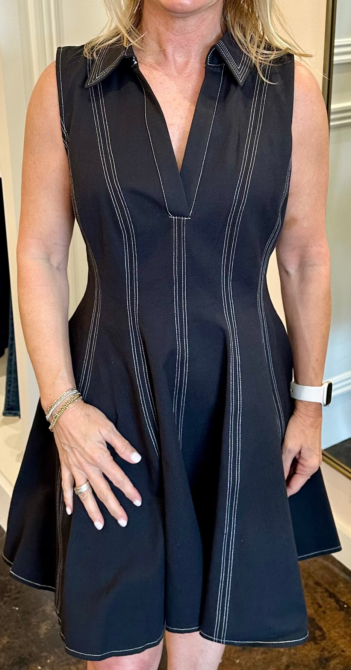 Sydney Topstitch Flare Dress-Black