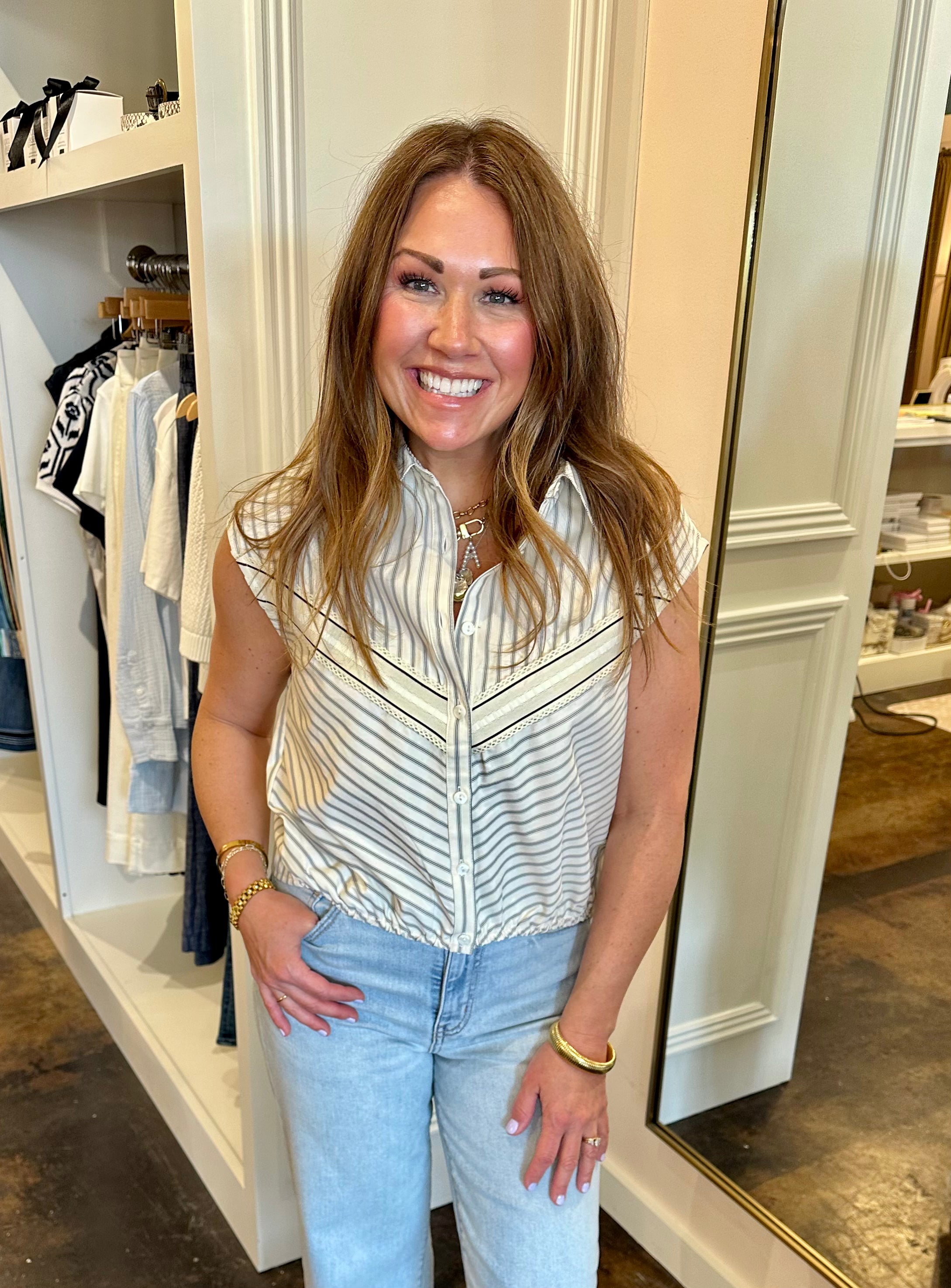 Everly Dolman Stripe Shirt-Cream