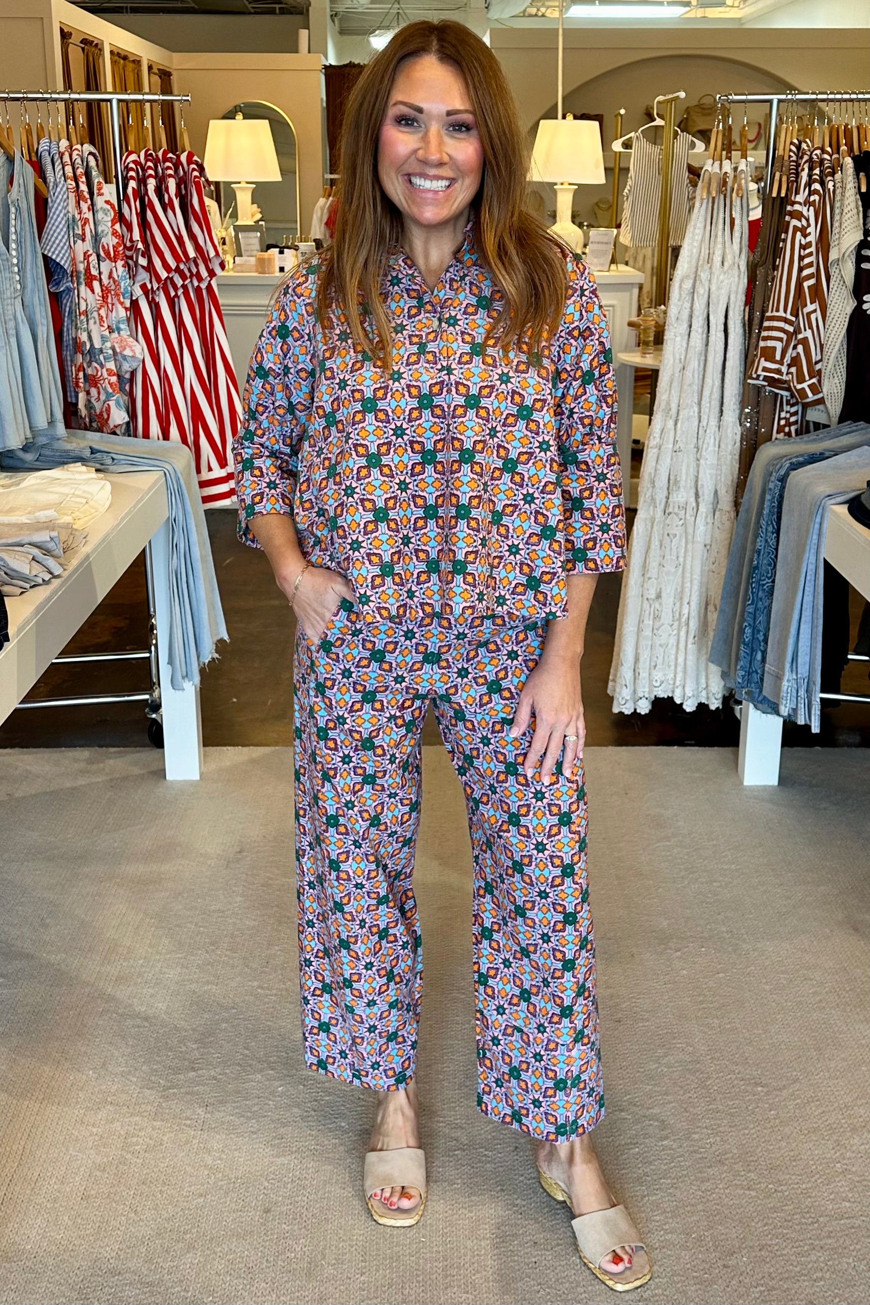 Tile Print Barrel Pant-Blue Multi