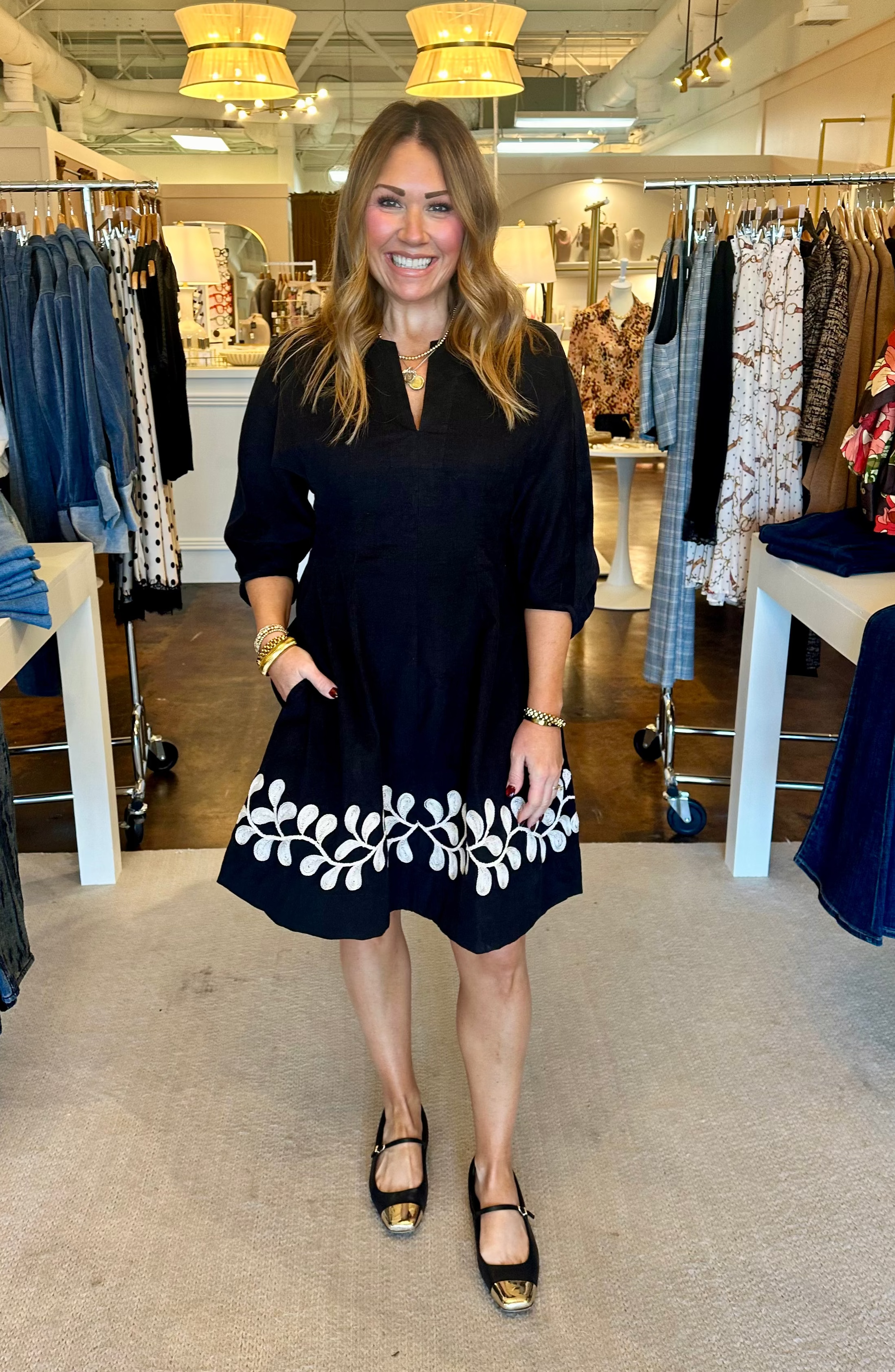 Vine Embroidered Dress-Black
